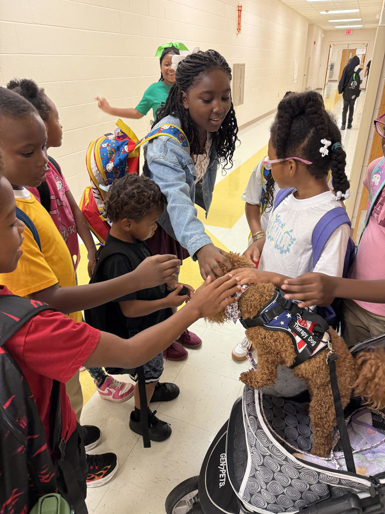students playing with Cinnamon the dog on pirate day