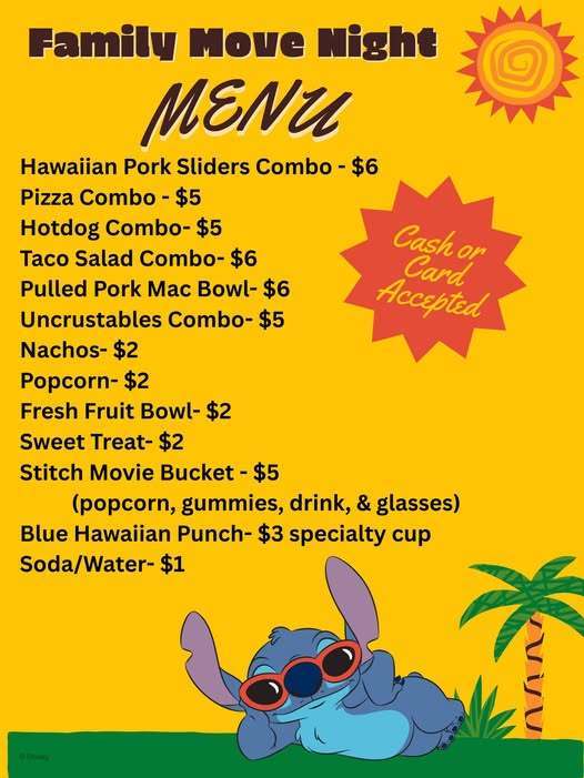  A brightly colored yellow flyer for "Family Movie Night." It features a menu with food and drink combos, prices, and a note that "Cash or Card Accepted." The bottom of the flyer shows a cartoon image of Stitch from Lilo & Stitch wearing sunglasses and relaxing under a palm tree.