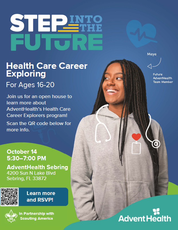 A flyer for a "Health Care Career Exploring" open house, with a blue and green background. The title "STEP INTO THE FUTURE" is prominently displayed at the top. The flyer includes a photograph of a smiling young woman, a stethoscope graphic, and a heart graphic. It lists details for the event, including the date, time, location, and a QR code to RSVP. The event is for ages 16-20 and is in partnership with Scouting America and AdventHealth.