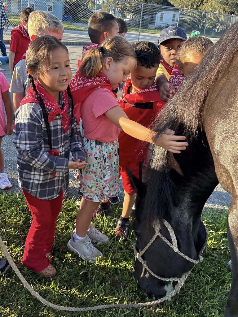 A group of young children wearing red bandanas are gathered outdoors. Two girls in the foreground are petting a dark-colored horse with a rope halter. The children are standing on grass with a fence visible in the background.