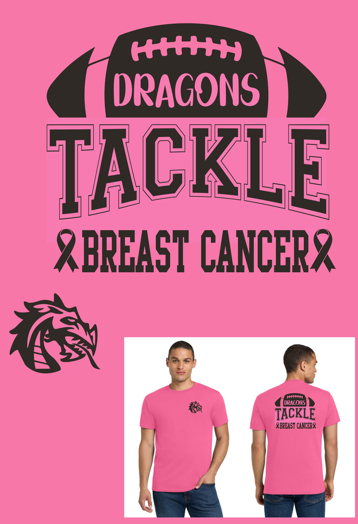 A bright pink graphic promoting Lake Placid Middle Schoolโs Pink Out Game and โTackle Breast Cancerโ shirts. The top features a black football with the word โDRAGONSโ inside and large bold text reading โTACKLE BREAST CANCERโ with pink ribbons on each side. A dragon mascot logo appears on the left. At the bottom right, there are two images of a pink T-shirt: the front shows a small black dragon logo on the chest, and the back features the football design with the words โDragons Tackle Breast Cancer.