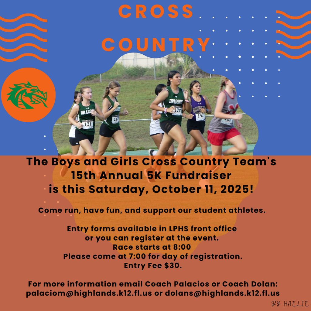 Image promoting the Lake Placid High School Boys and Girls Cross Country Team’s 15th Annual 5K Fundraiser on Saturday, October 11, 2025. Several LPHS runners in green uniforms race on a track. Text includes event details, registration time, $30 entry fee, and coach contact emails.
