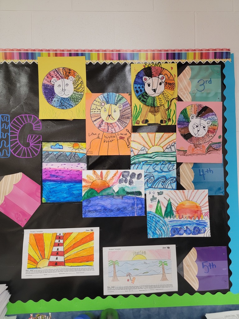 A classroom bulletin board displays student artwork focused on line and color. The top row features circular lion faces with brightly colored manes made of different patterns and lines. Below them are landscape scenes with sunsets over water, waves, trees, and mountains. At the bottom, two rectangular pieces show a red and white lighthouse with sun rays and a beach scene labeled “Florida” with palm trees and a chair. The board sections are labeled for 3rd, 4th, and 5th grades.