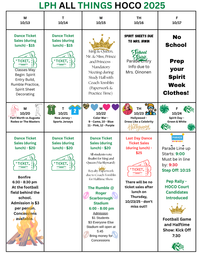 Graphic calendar titled “LPH All Things HOCO 2025” showing Lake Placid High School’s Homecoming Week events from October 13–24, including ticket sales, themed dress-up days, bonfire, parade, pep rally, football game, and dance with corresponding dates and details.