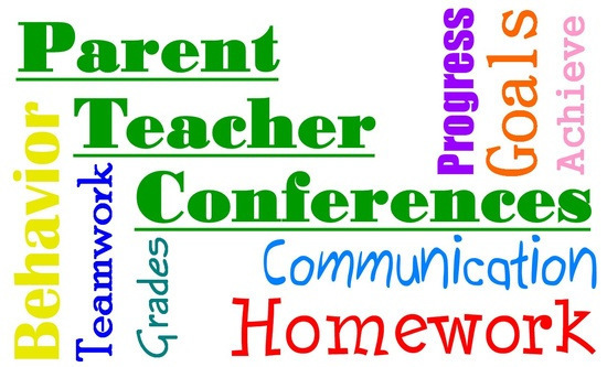 Word collage highlighting terms related to parent-teacher conferences, including "Parent Teacher Conferences," "Communication," "Homework," "Behavior," "Goals," and "Progress."