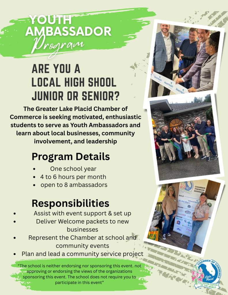 Flyer titled “Youth Ambassador Program” by the Greater Lake Placid Chamber of Commerce. It invites local high school juniors and seniors to serve as Youth Ambassadors. Includes program details, responsibilities, disclaimer text, and three photos of students and adults at ribbon-cutting events.