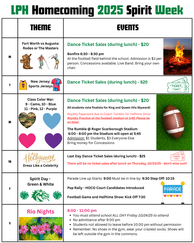 LPH Homecoming 2025 Spirit Week schedule with themed days and events: Monday—Rodeo or The Masters with bonfire 6:30–8:30 PM; Tuesday—Sports Jerseys; Wednesday—Class Color War and The Rumble 6–8 PM; Thursday—Dress Like a Celebrity; Friday—Spirit Day and Parade; Saturday—Rio Nights Dance 8–11 PM.