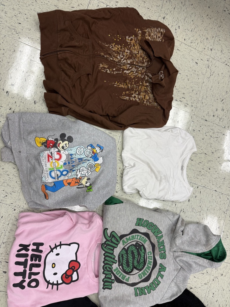 Five folded garments are displayed on a tiled floor, including a brown zippered hoodie with gold splatter, a gray Disney graphic shirt, a plain white T-shirt, a pink Hello Kitty shirt, and a gray "Hogwarts Slytherin Alumni" shirt.