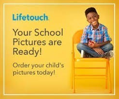 Lifetouch promotional image showing a smiling student sitting on a bright yellow chair against a blue background. Text reads: 'Lifetouch. Your School Pictures are Ready! Order your child's pictures today!