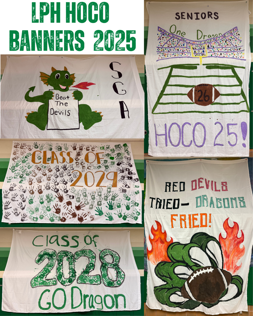 A collage of Lake Placid High School’s 2025 Homecoming banners. Designs include a green dragon with “Beat the Devils” by SGA, a football field with “Seniors One Dragon HOCO 25,” green handprints for Class of 2029, bold “Class of 2028 Go Dragon,” and a flaming football reading “Red Devils Tried—Dragons Fried.”