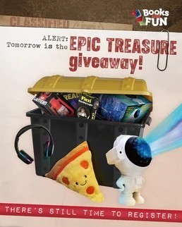 Epic treasure give away. Picture of treasusre box and toys for the Books are Fun contest.
