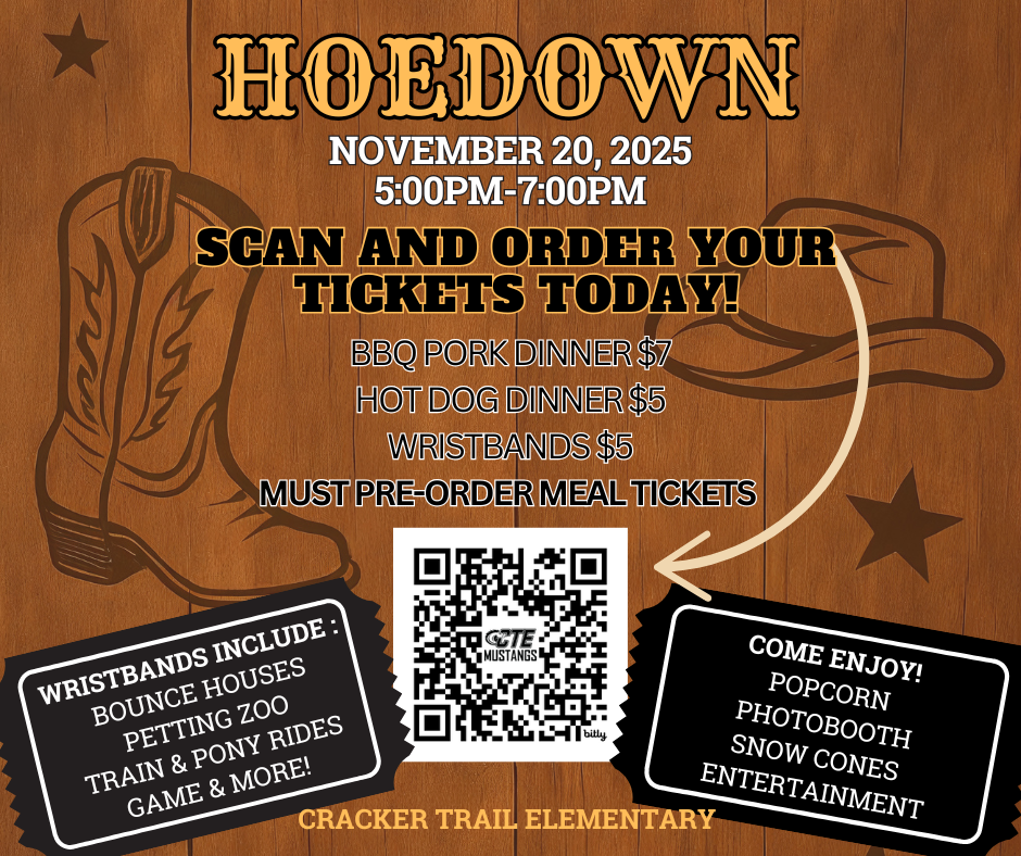 HoeDown Sign with QR code for purchasing tickets. All information is in the post.