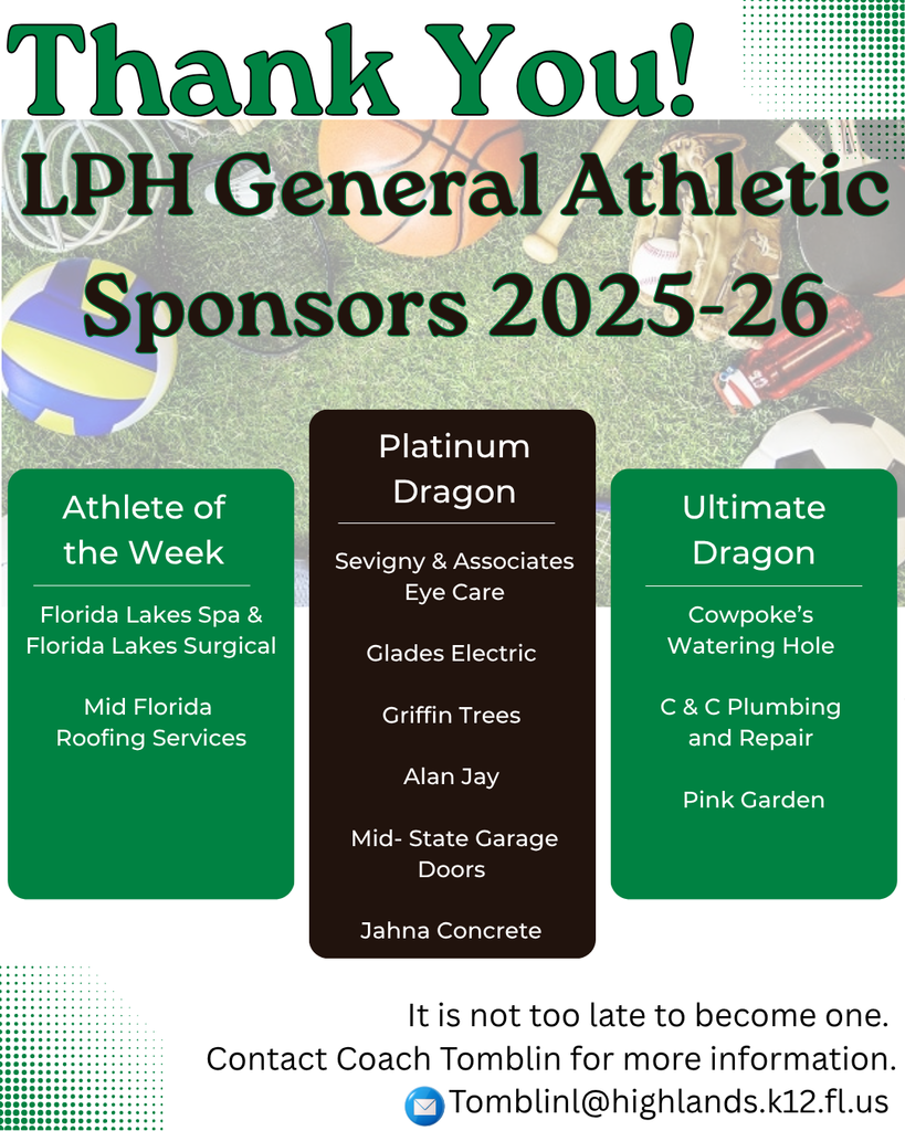 Graphic thanking Lake Placid High School General Athletic Sponsors for 2025–26. Background shows sports equipment. Three columns list sponsors: “Athlete of the Week,” “Platinum Dragon,” and “Ultimate Dragon.” Bottom text invites new sponsors to contact Coach Tomblin by email.