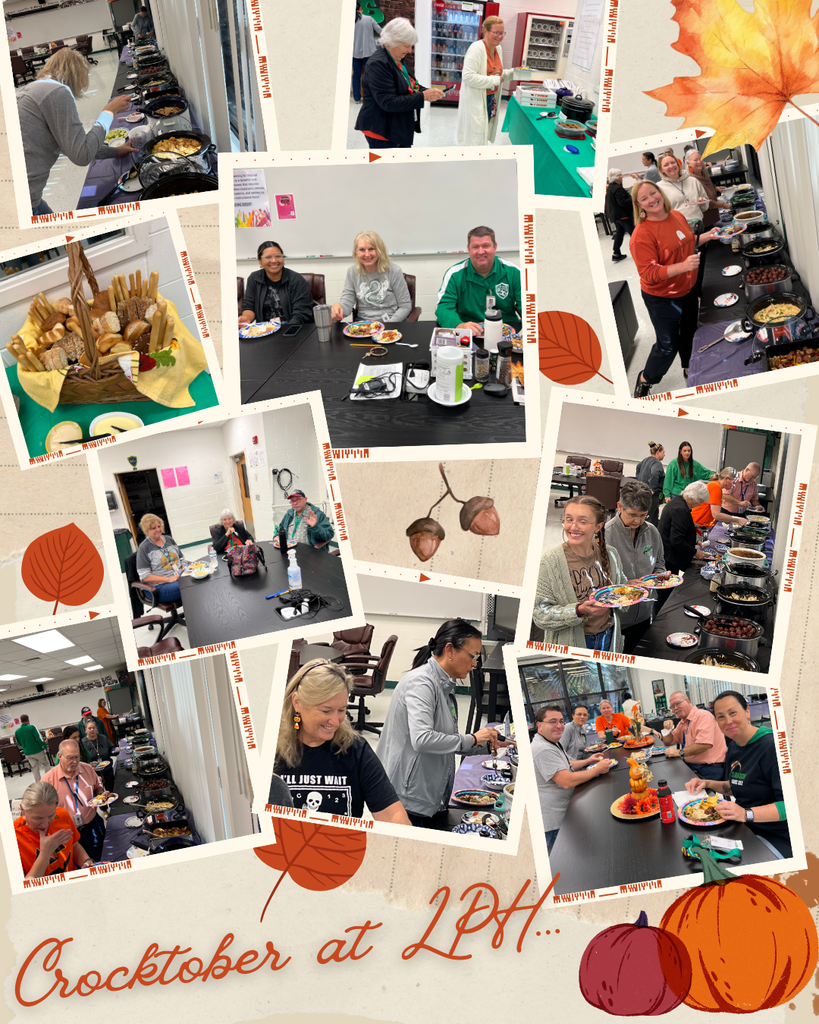 Collage of Lake Placid High School staff enjoying “Crocktober at LPH.” Tables lined with slow cookers and fall-themed dishes fill the teacher’s lounge. Staff members serve food, laugh, and dine together amid autumn decorations of pumpkins, leaves, and acorns.