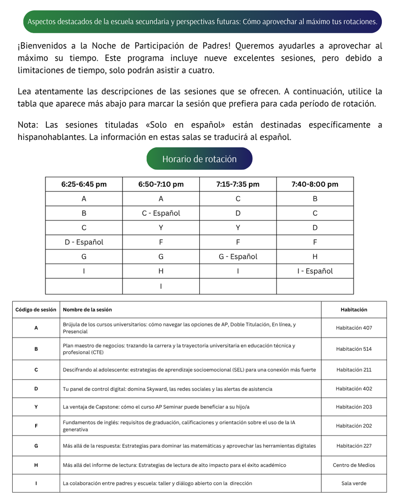 Flyer for Lake Placid High School’s “High School Highlights & Future Insights: Making Your Rotations Count” Parent Engagement Night. Includes a rotation schedule for four time slots (6:25–8:00 PM) and session list covering topics such as AP, CTE, SEL, Skyward, AI, Math, Reading, and Parent Partnership.