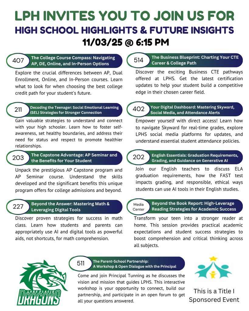 Flyer for Lake Placid High School’s “High School Highlights & Future Insights: Making Your Rotations Count” Parent Engagement Night. Includes a rotation schedule for four time slots (6:25–8:00 PM) and session list covering topics such as AP, CTE, SEL, Skyward, AI, Math, Reading, and Parent Partnership.