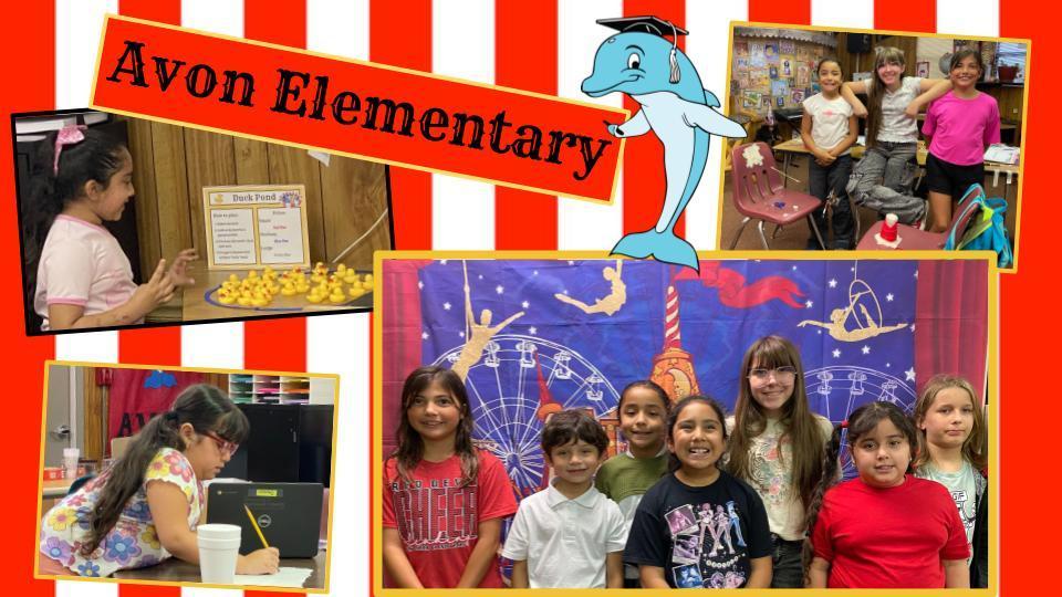 A photo collage with a red and white striped background titled "Avon Elementary" and featuring the school's dolphin mascot wearing a graduation cap. The four images show diverse students participating in school activities, including a group of seven students posing together, a close-up of a student playing a carnival-style duck pond game, a girl wearing glasses focused on a laptop and paper, and three girls standing together in a classroom.