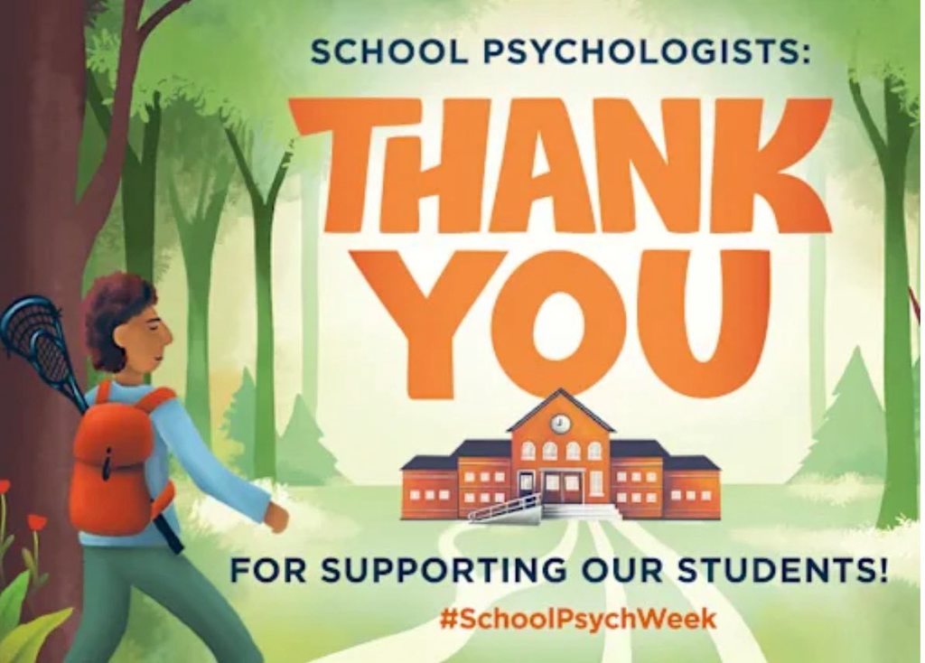 An illustration showing a student walking away from a school building, carrying a lacrosse stick. Large orange text reads: "SCHOOL PSYCHOLOGISTS: THANK YOU FOR SUPPORTING OUR STUDENTS! #SchoolPsychWeek." The background is a green forest.