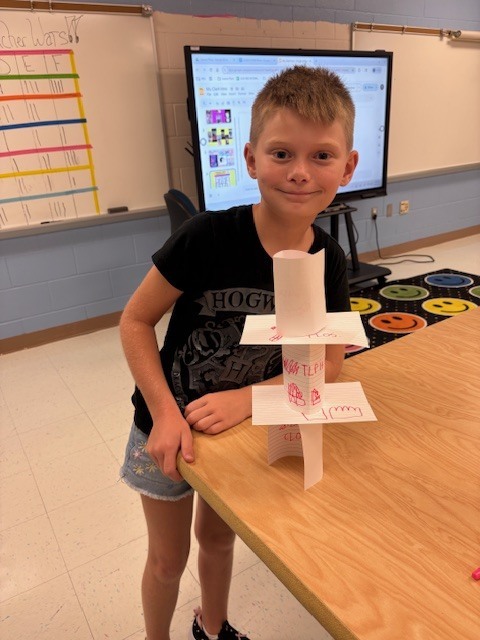 MES Students in STEM lab building Card Towers to deepen understanding of Scientist. 
