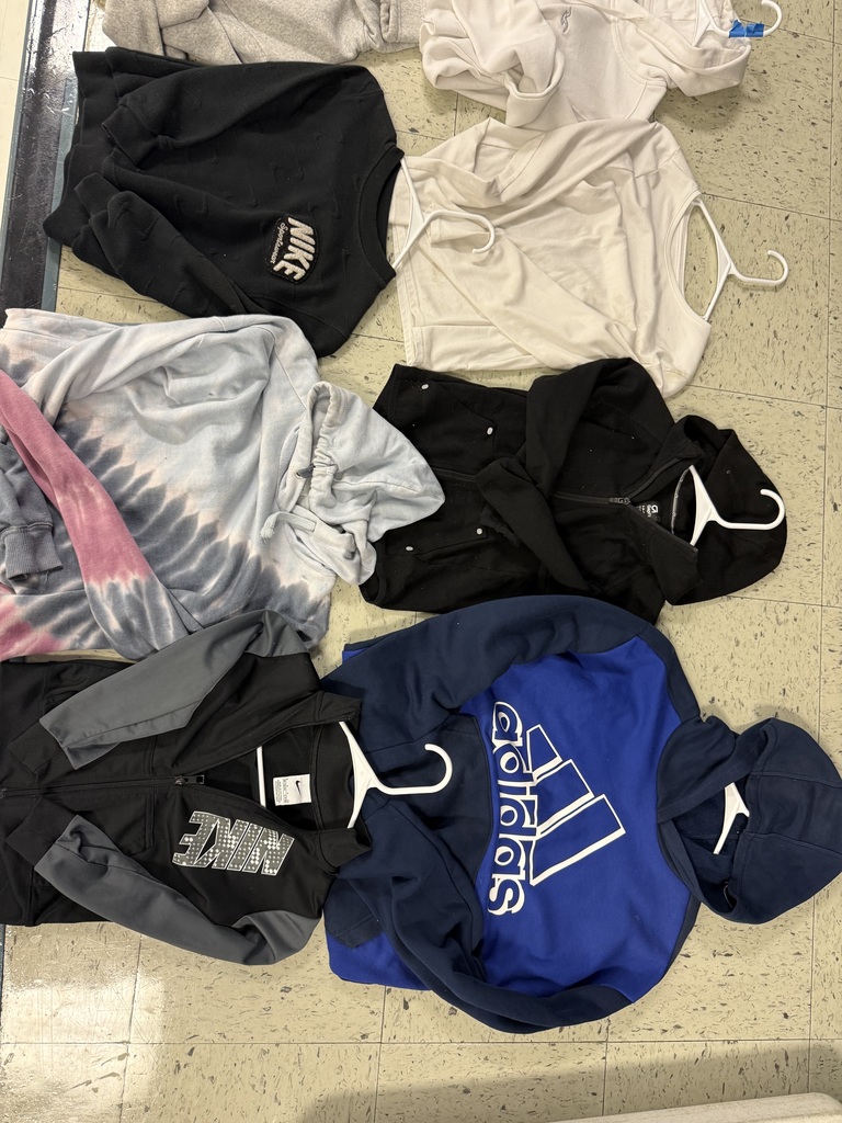 A collection of sweatshirts and hoodies in black, gray, white, beige, and blue, including Nike and Adidas brands, laid out on a tiled floor.