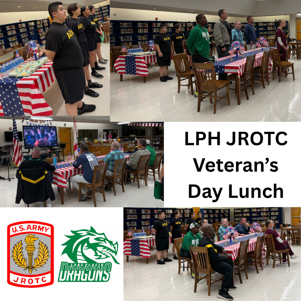 Lake Placid High School JROTC hosted a Veteran’s Day Lunch in the school library. Cadets in black Army shirts stood at attention beside tables decorated with American flag tablecloths, while veterans and guests sat together enjoying lunch and watching a program honoring military service.