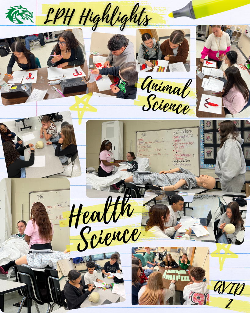 Collage of Lake Placid High School students in Animal Science, Health Science, and AVID 2. Images show students labeling skulls, practicing CNA skills on mannequins, creating reproductive tract models, and working in small groups during tutorials.