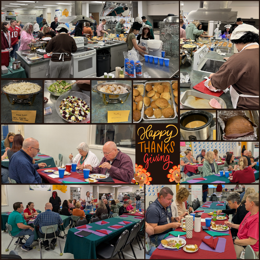 A collage of photos from a Thanksgiving meal event. Images show staff and community members serving and enjoying a large potluck-style feast in a commercial kitchen and cafeteria. Several pictures feature buffet tables filled with dishes such as mashed potatoes, salad, sliced turkey, rolls, ham, and gravy. People sit at decorated tables with green and burgundy tablecloths, eating and talking. One center image displays the words “Happy Thanksgiving” with autumn graphics. The overall setting is festive and communal.