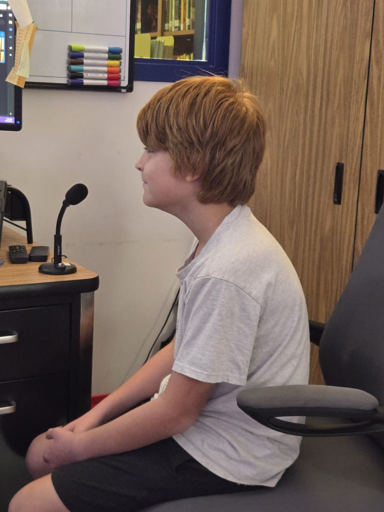 A profile view of a boy with reddish-brown, shaggy hair, wearing a gray t-shirt. He is seated in a chair, facing a black desk with a microphone on a stand. Wood-grain cabinets are visible behind him.