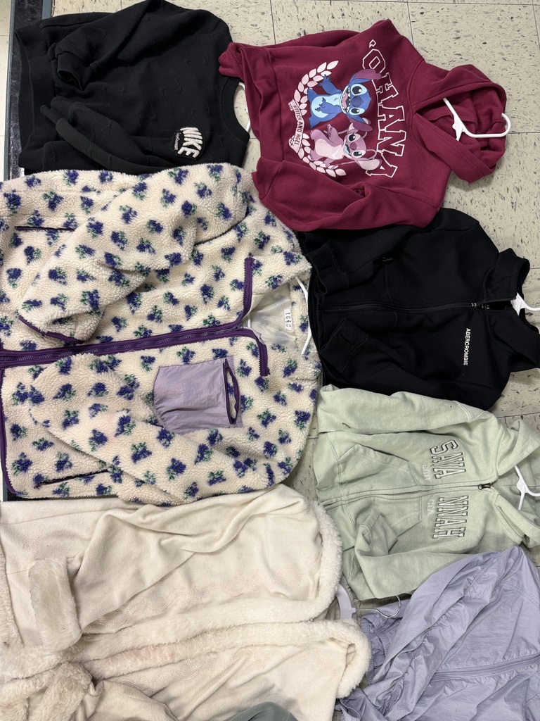 Outwear on the floor: a dark purple 'Ohana' Stitch and Angel hoodie, a cream fleece with purple floral print, a black Abercrombie zipper, a black sweater, a sage green 'Santa Ynez' hoodie, and a cream sherpa.