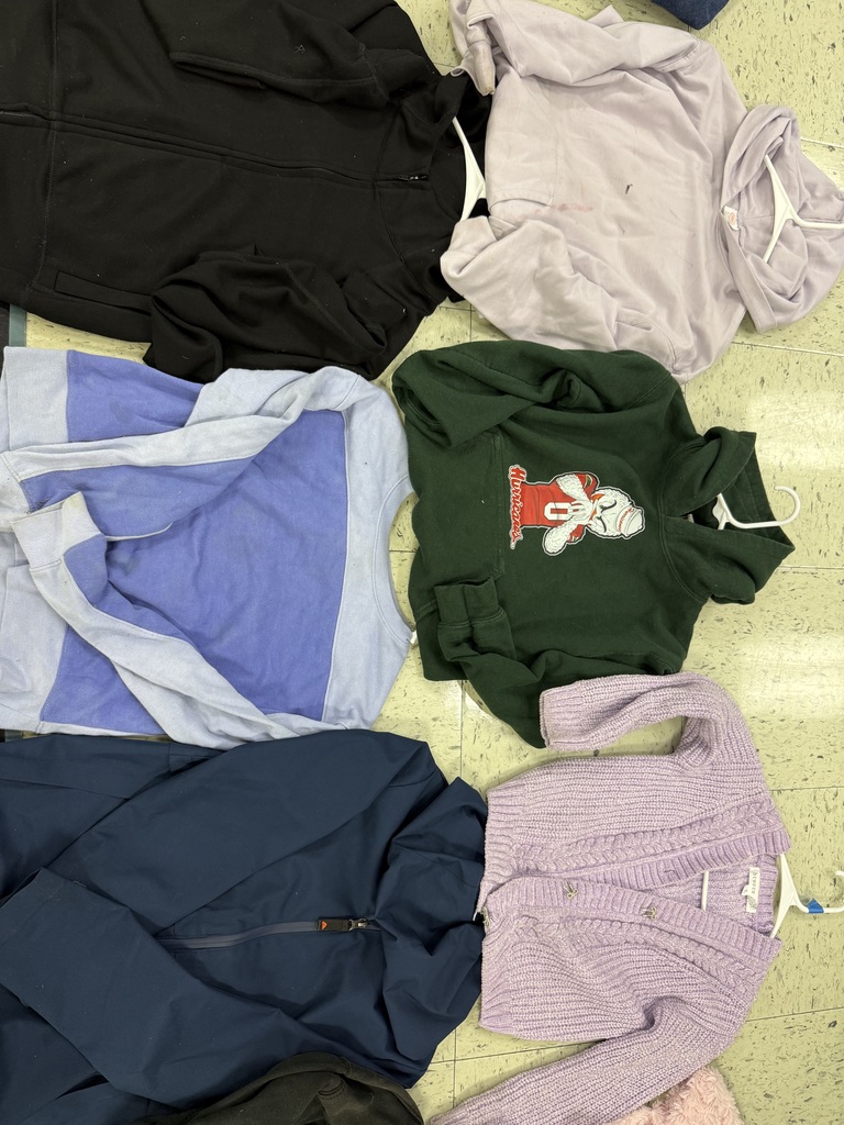 An arrangement of sweaters and jackets: a black athletic jacket, a light purple hoodie, a blue and light-blue color-block sweater, a dark green hoodie with a cartoon baseball player, a navy zipper jacket, and a purple knit cardigan.