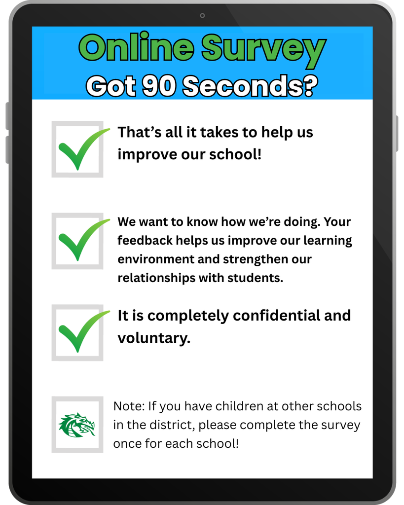 Image of a tablet screen displaying a message titled “Online Survey – Got 90 Seconds?” with three green checkmarks next to statements explaining that the survey helps improve the school, is confidential and voluntary. A note at the bottom reminds families to complete a survey for each school.