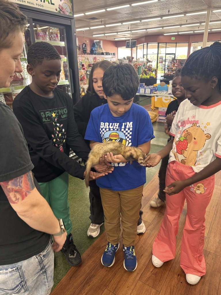 Five elementary school children and an adult are gathered around, gently touching a small, furry animal, possibly a ferret or weasel, held by one of the boys inside a grocery store aisle.