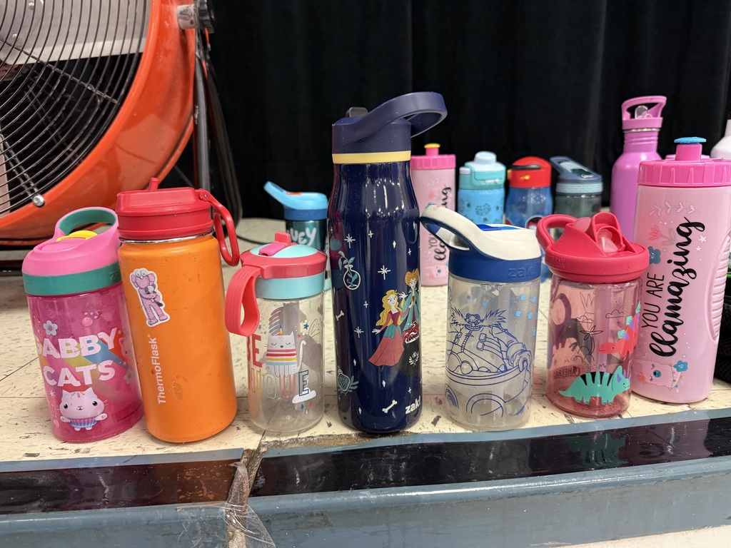 A closer view of several colorful water bottles, including a pink one with "ABBY CATS," an orange ThermoFlask, a tall dark blue one with a cartoon woman, and a pink bottle with "YOU ARE LLAMAZING."