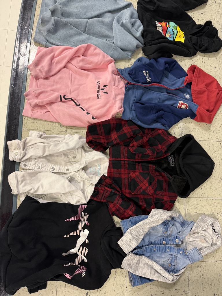 A grouping of children's hoodies and jackets, including a light blue hoodie, a pink Messi hoodie, a white denim jacket, a red and black plaid jacket, a black Puma hoodie, and two small denim jackets.