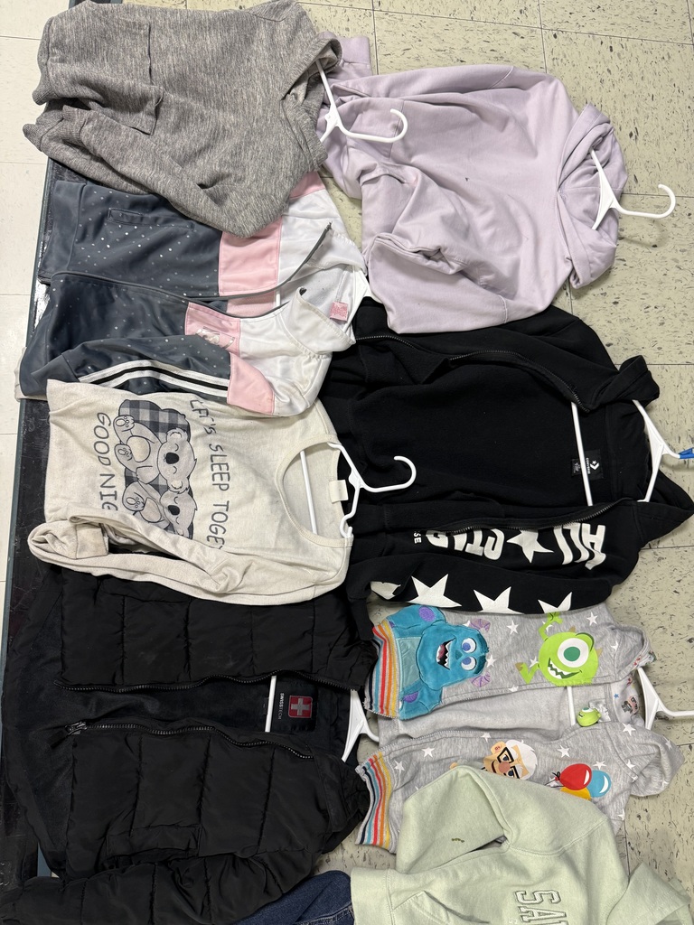 Assorted children's clothing: a gray hoodie, a lavender hoodie, a black and white athletic jacket, a light top with bears, a black puffy vest, and two gray tops featuring Monster's Inc. characters.