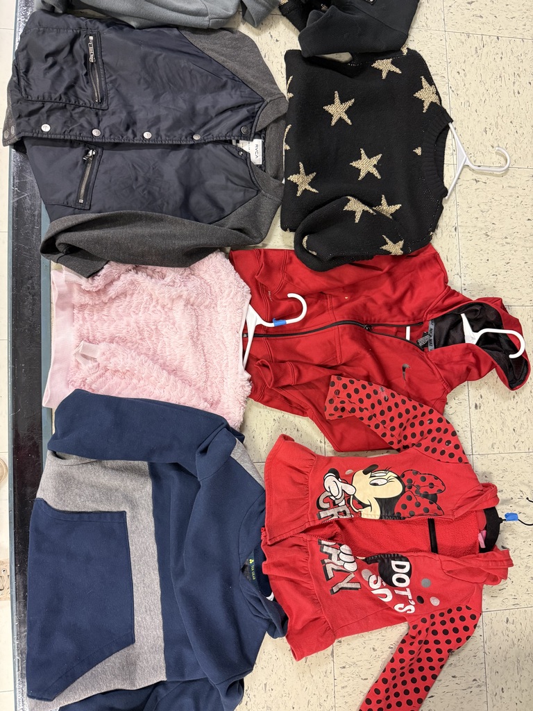 A stack of jackets and sweaters, showing a dark blue/gray bomber jacket, a black sweater with gold stars, a pink fuzzy sweater, a red zip-up hoodie, a navy and gray sweatshirt, and a red Minnie Mouse top.