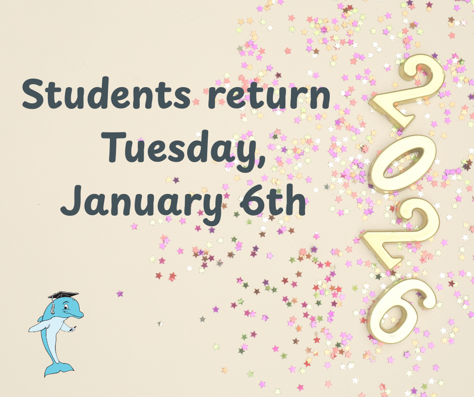 A "Welcome Back" graphic for Avon Elementary School. Dark gray text on a cream background reads, "Students return Tuesday, January 6th." The right side is decorated with pink and gold star-shaped confetti and gold numbers forming "2026." A small illustration of the school mascot, a blue dolphin wearing a graduation cap, is located in the bottom left corner.