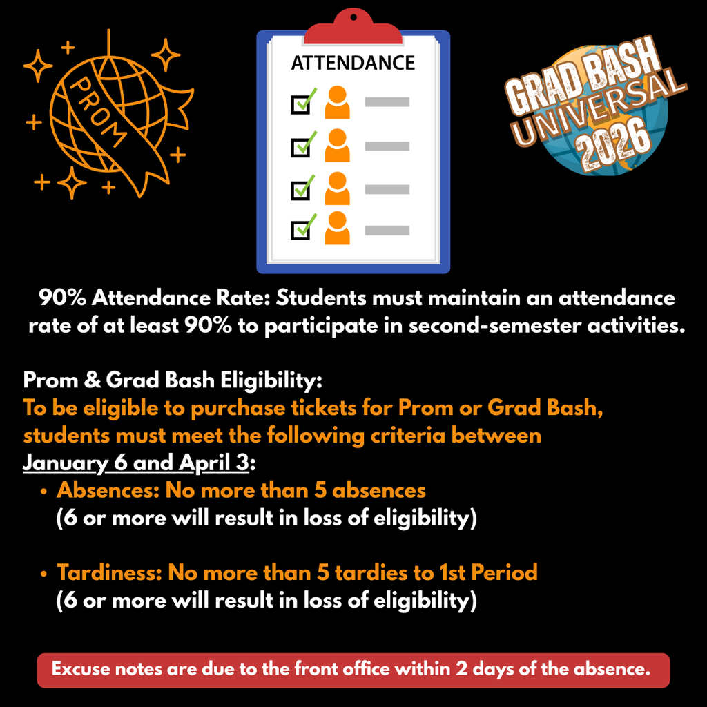 Graphic outlining attendance requirements for Prom and Grad Bash. Students must maintain at least 90% attendance. Between January 6 and April 3, students may have no more than 5 absences and no more than 5 first-period tardies; 6 or more results in loss of eligibility. Excuse notes are due to the front office within 2 days.