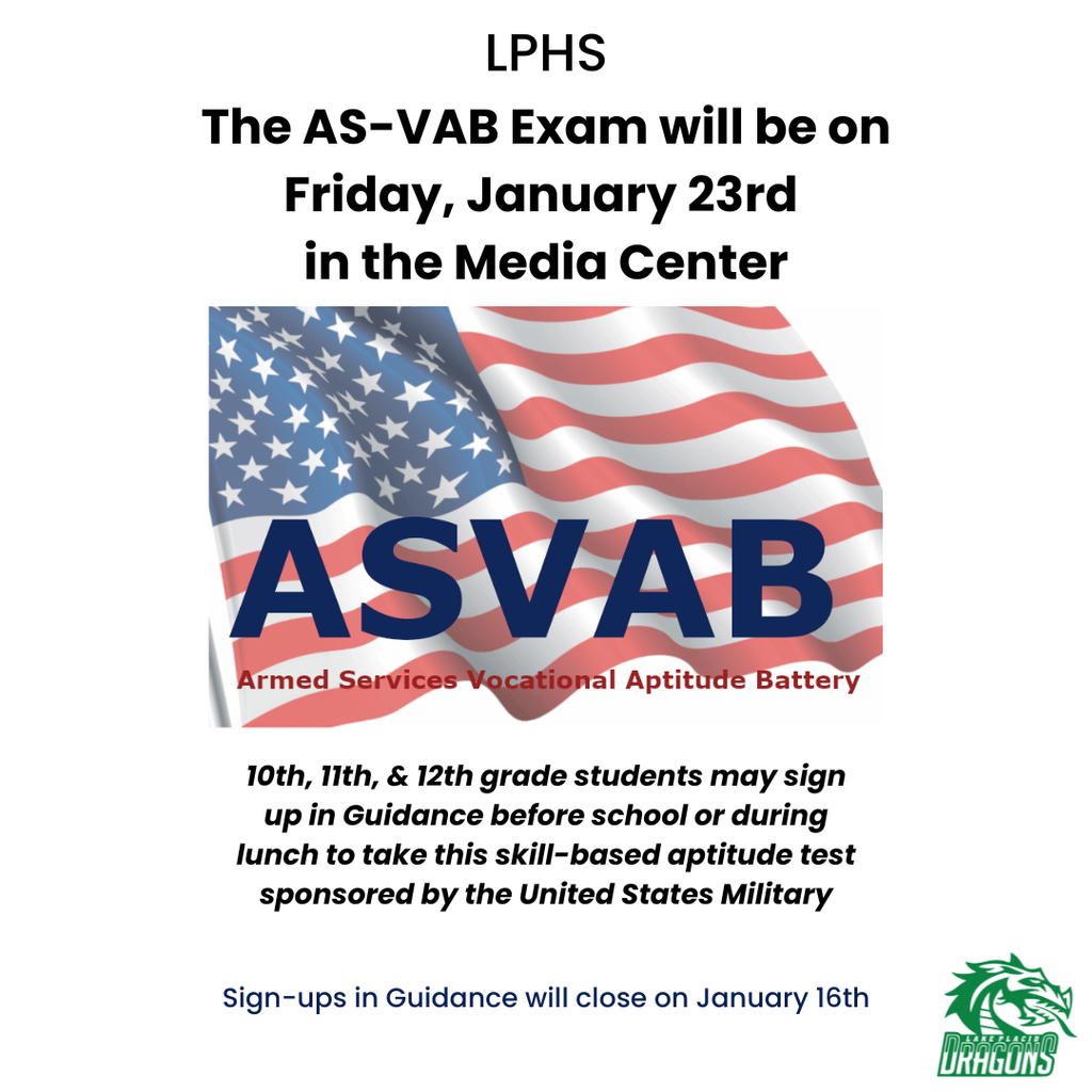 Flyer announcing the ASVAB exam at Lake Placid High School. Text reads: “LPHS. The ASVAB Exam will be on Friday, January 23rd in the Media Center.” An American flag background with large letters “ASVAB” and the words “Armed Services Vocational Aptitude Battery.” Additional text states that 10th, 11th, and 12th grade students may sign up in Guidance before school or during lunch. Sign-ups close January 16th. Lake Placid Dragons logo appears at the bottom.