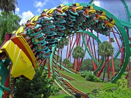 Busch Gardens roller coaster showing kids looping upside down.