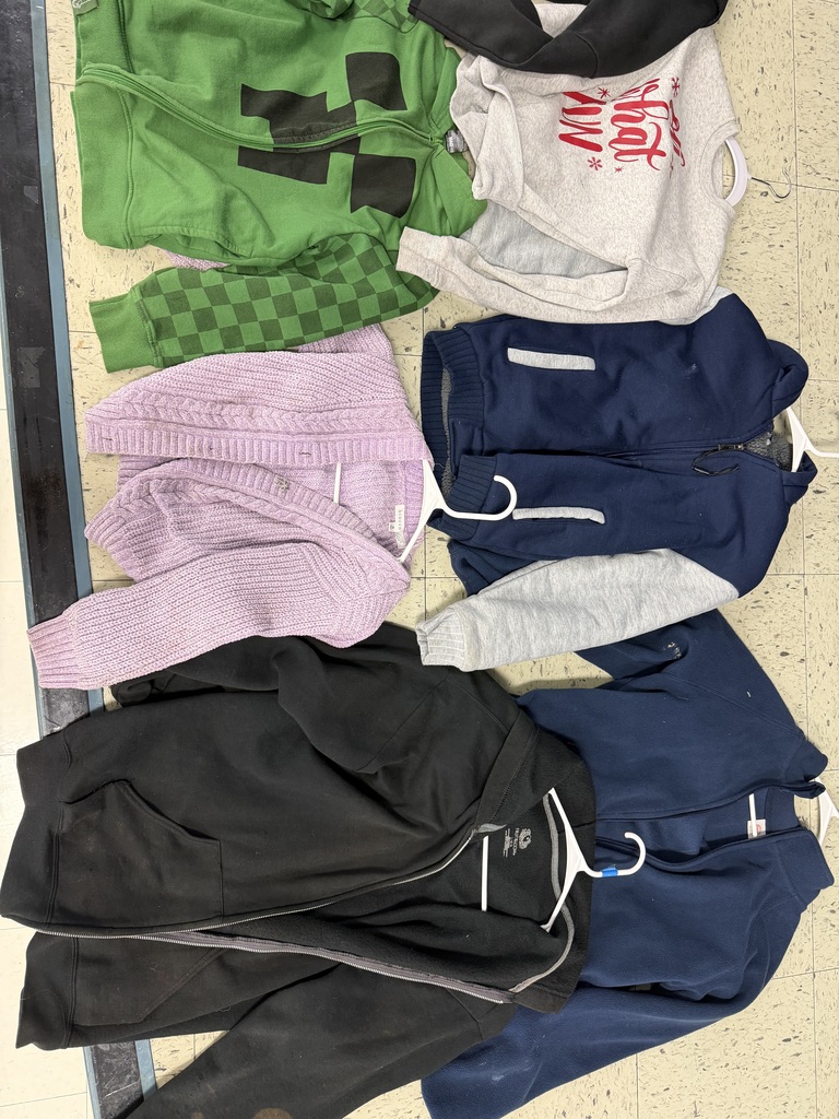 Six items of clothing, featuring a green Minecraft Creeper zip-up, a lavender knit cardigan, a black hoodie, a navy and gray varsity-style jacket, and a gray "Oh What Fun" sweatshirt.