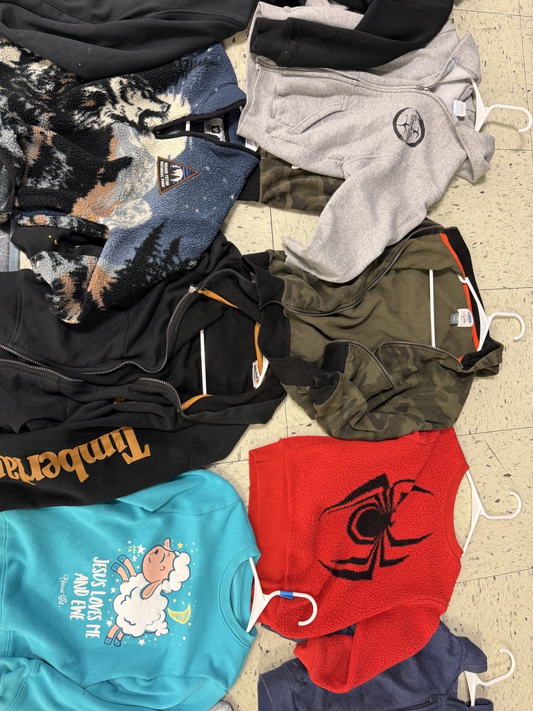 Several hoodies and fleeces, including a blue Grand Teton National Park fleece, a red Spiderman fleece, a teal "Jesus Loves Me" sweatshirt, a camo-patterned zip-up, and a black Timberland hoodie.