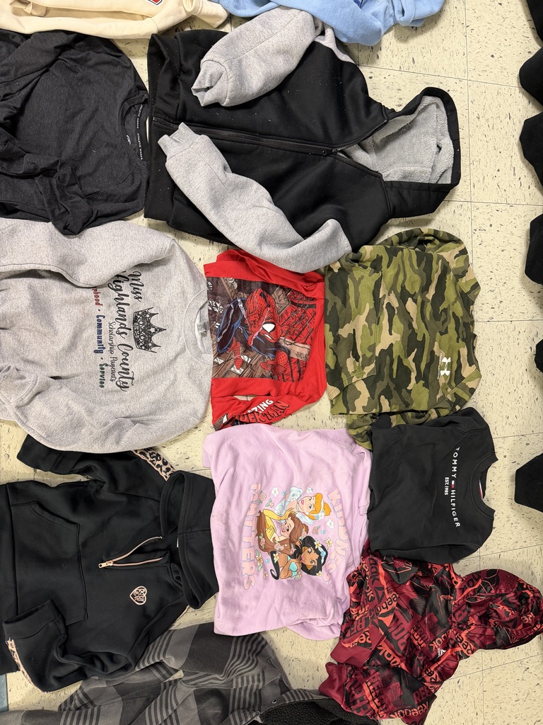 A collection of eight children's garments including a gray "Miss Highlands County" sweatshirt, a red Spider-Man shirt, a pink Disney Princess "Kindness Matters" sweater, camouflage and Tommy Hilfiger tops, and a black-and-gray zip hoodie.