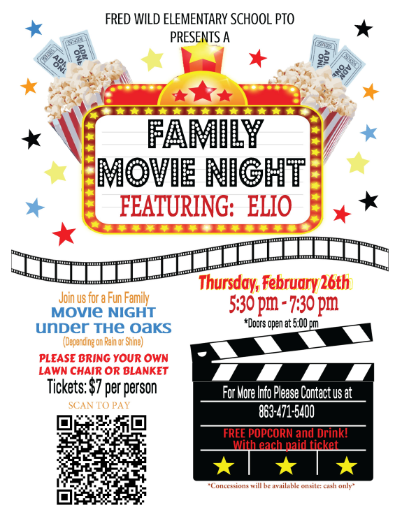 FWE Movie Night February 26 at 5:30, $7 per ticket, scan QR code