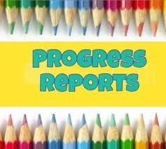 Yellow background with rows of colorful pencil tips at the top and bottom. In the center, bold blue text reads “Progress Reports.”