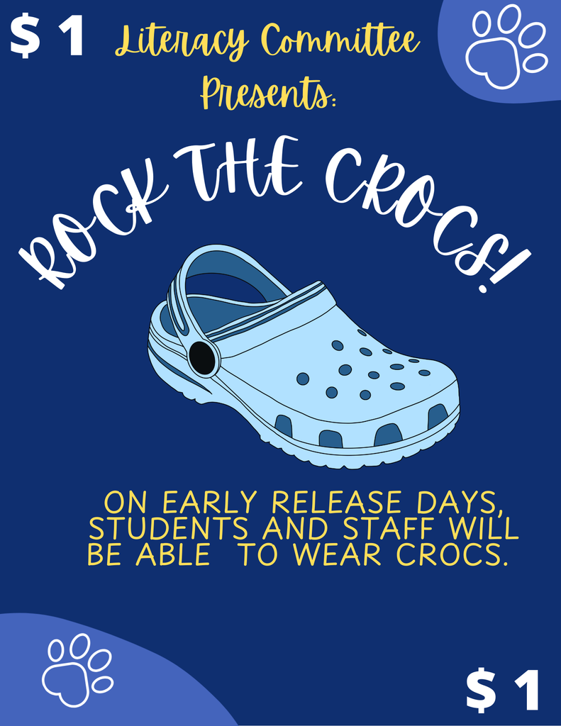 A digital flyer with a dark blue background and light blue accents in the corners. The design features a playful, school-themed aesthetic with paw print icons.