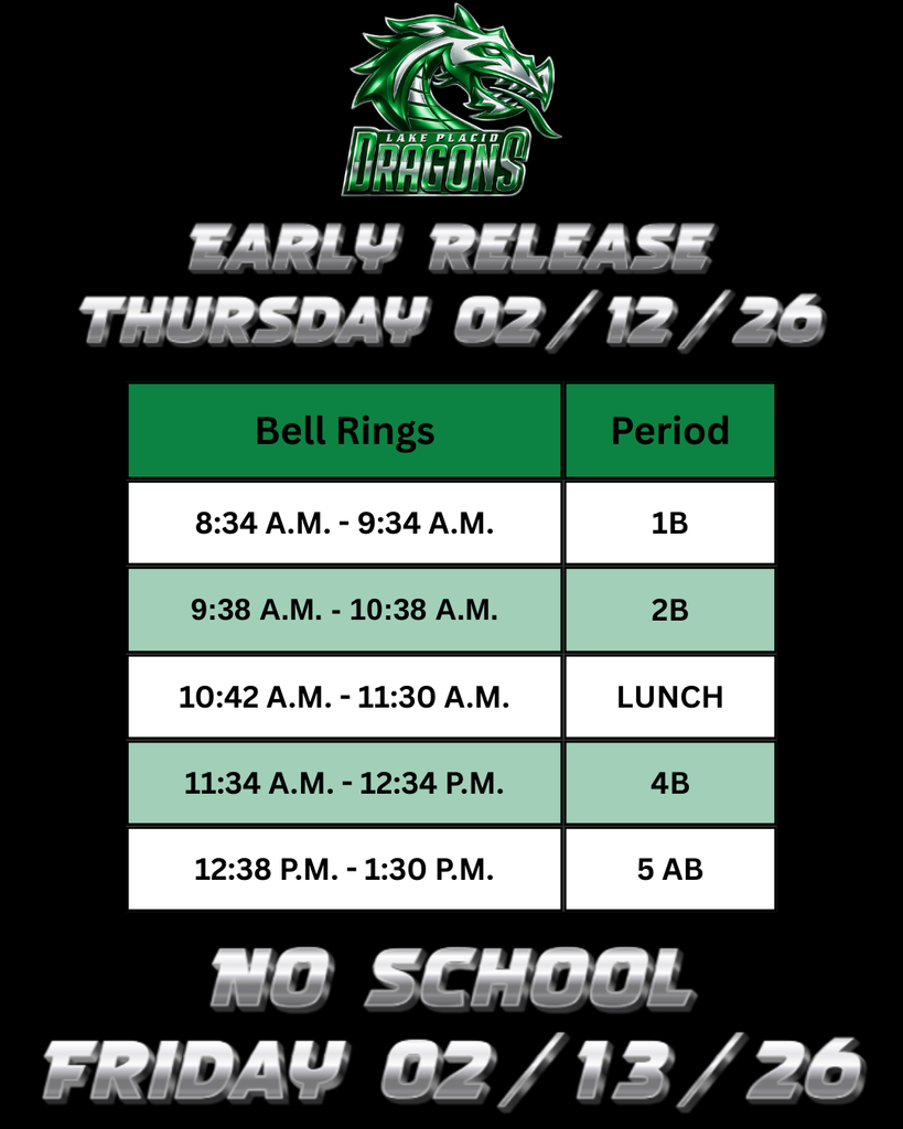 Graphic announcing an early release schedule for Lake Placid High School Dragons. At the top is the Lake Placid Dragons green dragon logo. Text reads “Early Release Thursday 02/12/26.” Below is a table with two columns labeled “Bell Rings” and “Period.” The schedule lists: 8:34–9:34 a.m., Period 1B; 9:38–10:38 a.m., Period 2B; 10:42–11:30 a.m., Lunch; 11:34 a.m.–12:34 p.m., Period 4B; 12:38–1:30 p.m., Period 5AB. At the bottom, text reads “No School Friday 02/13/26.”