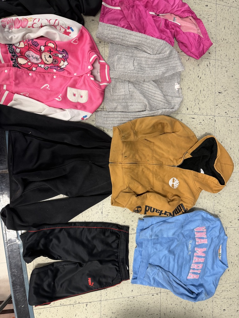 Various children’s apparel. Highlights include a pink varsity-style jacket with a bear graphic, a mustard yellow Timberland hoodie, a light blue "Anna Maria Island" sweatshirt, black Puma athletic pants, and a grey cardigan.
