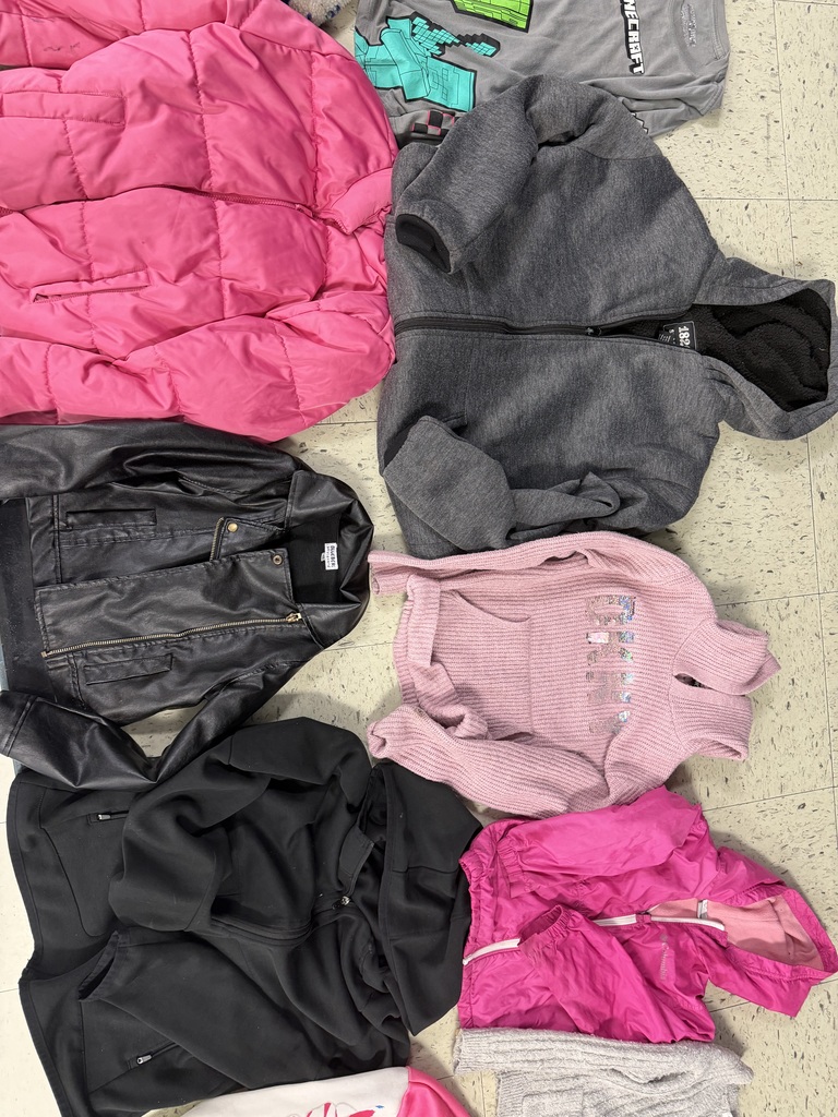 Six items of outerwear and tops. Features a black faux-leather jacket, a grey fleece zip-up, a sparkly pink sweater, a light pink Columbia windbreaker, and a heavy pink puffer jacket.