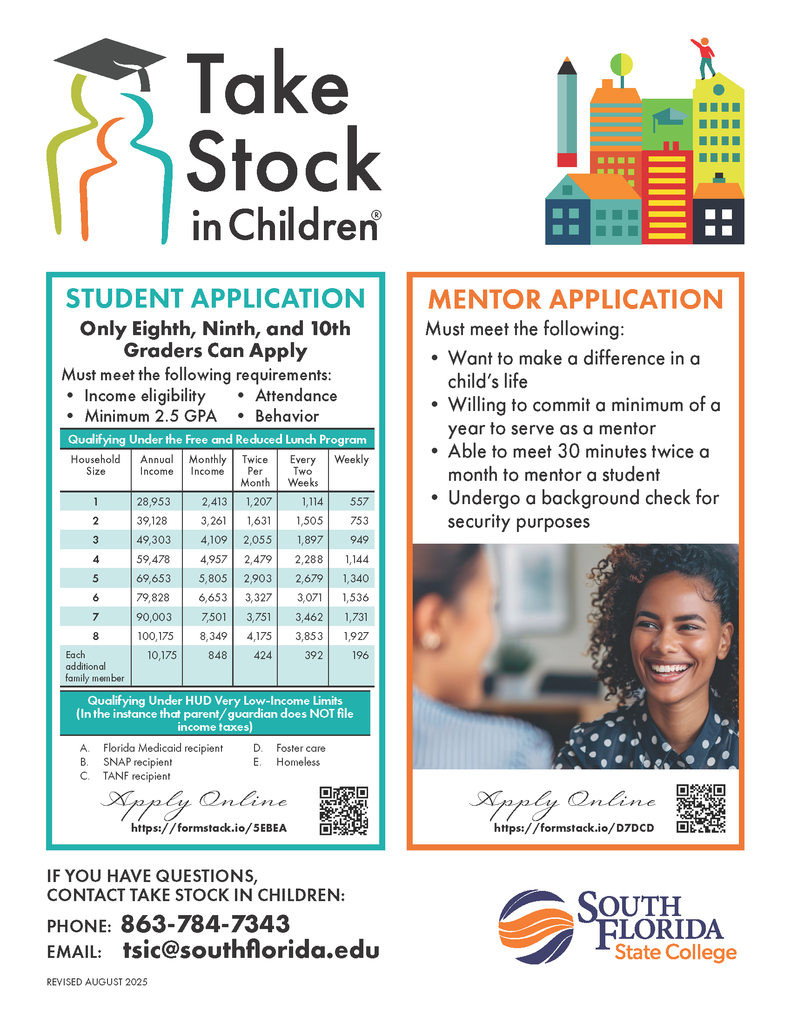 Flyer for “Take Stock in Children” featuring student and mentor application information.  Left side: Student Application for eighth, ninth, and tenth graders. Requirements include income eligibility, minimum 2.5 GPA, attendance, and appropriate behavior. Income qualification is based on Free and Reduced Lunch guidelines with a chart showing household size and income limits. Students may also qualify under HUD Very Low-Income limits, including Florida Medicaid, SNAP, TANF recipients, foster care, or homeless status. Apply online at https://formstack.io/5EBEA  (QR code provided).  Right side: Mentor Application outlining requirements: desire to make a difference in a child’s life, commit to at least one year, meet twice monthly for 30 minutes, and complete a background check. Apply online at https://formstack.io/D7DCD  (QR code provided).  Bottom of flyer lists contact information: Take Stock in Children, phone 863-784-7343, email tsic@southflorida.edu . South Florida State College logo displayed. Revised August 2025.